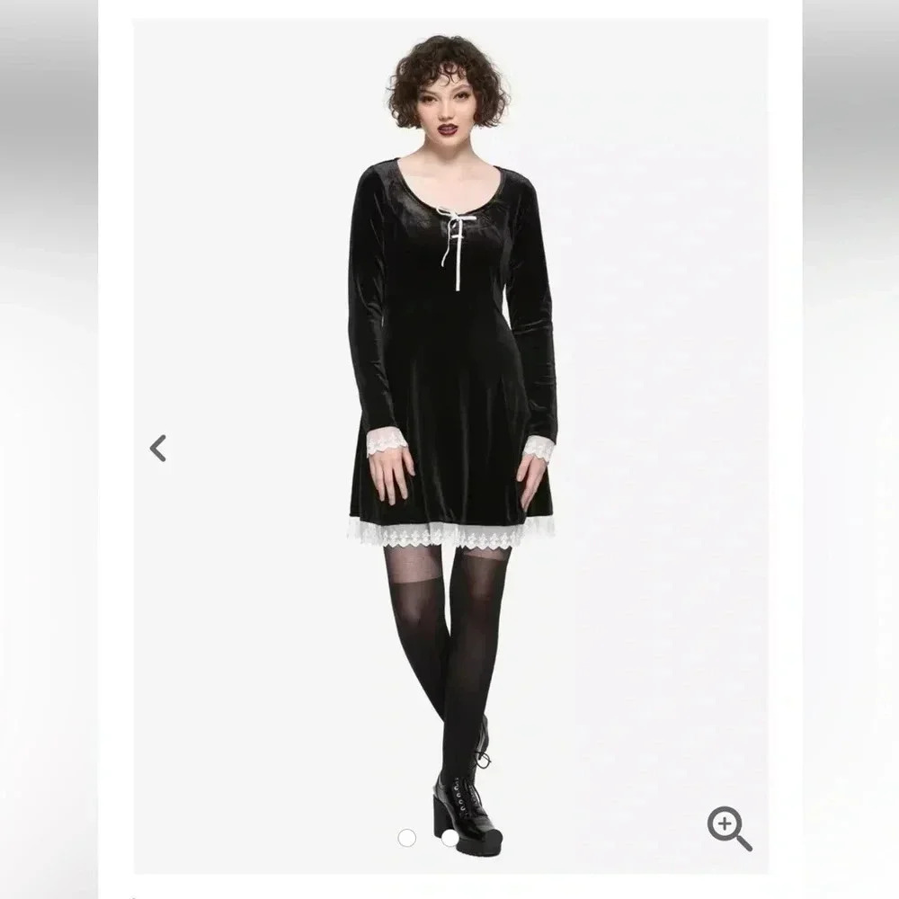 Hot Topic Black Whimsigoth Long-Sleeved‎ Lace Trim & Velvet Lace-Up Dress